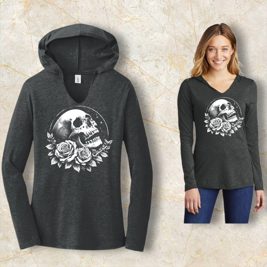 Skull with Roses Hooded Long Sleeve Shirt